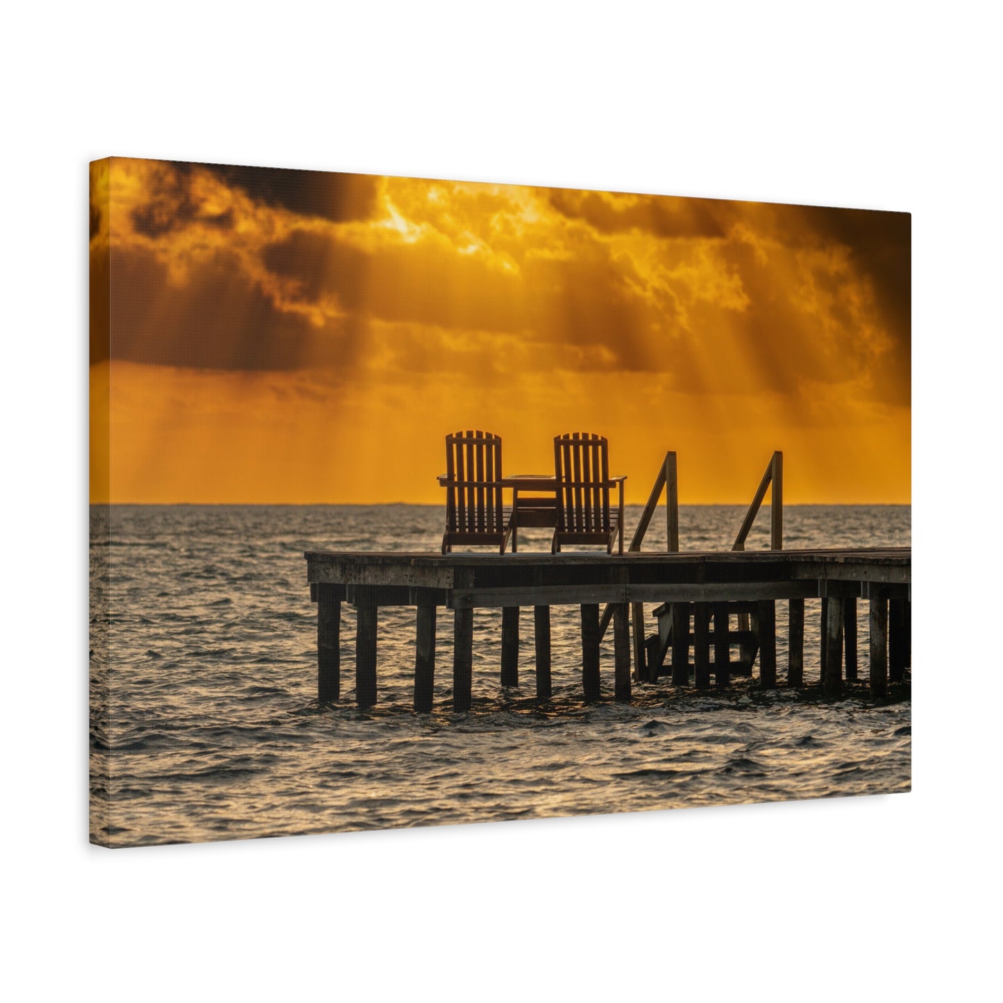 Sunset Dock, Belize Canvas Wall Art — Golden Beach Pier with Chairs