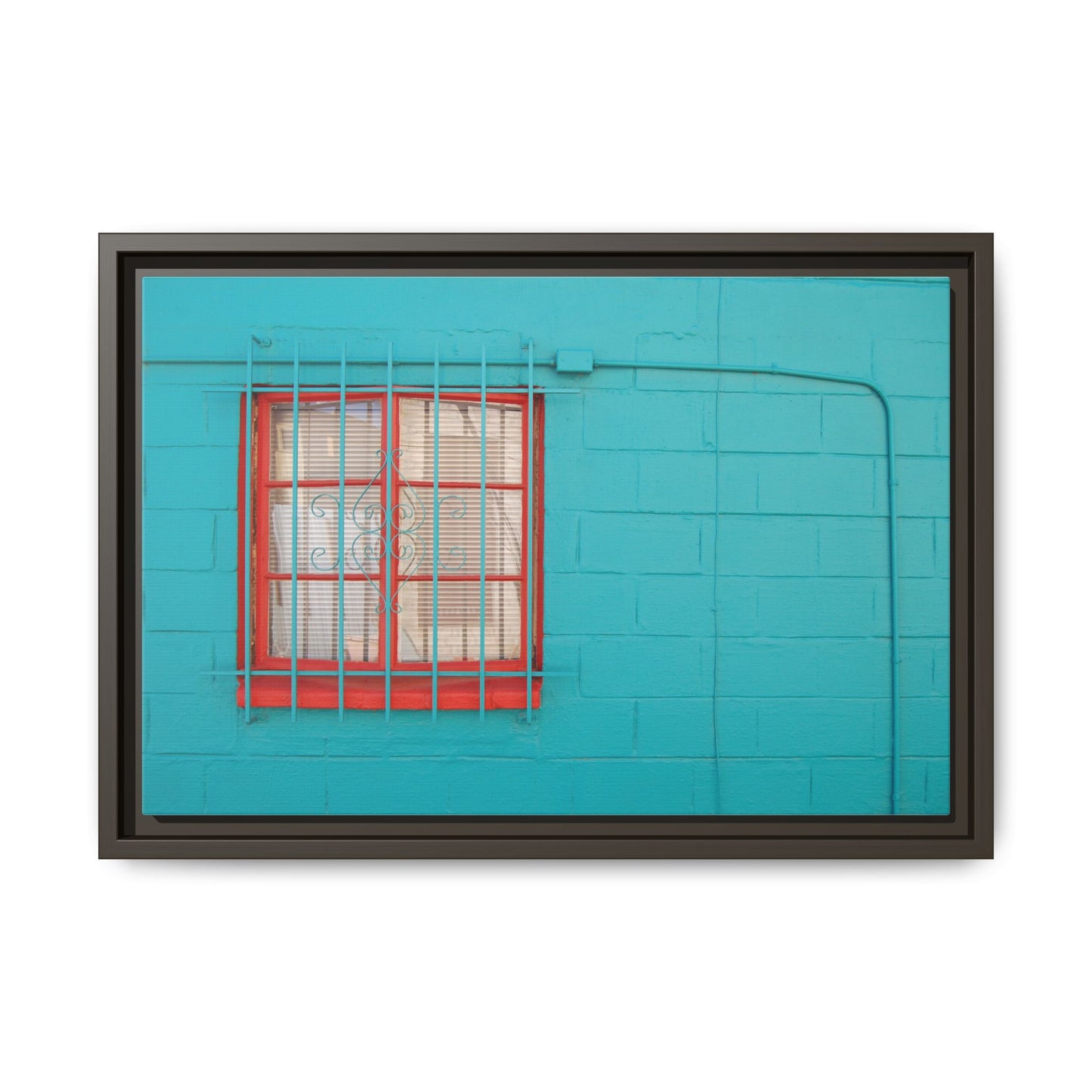 Framed Matte Canvas Print — Turquoise Wall with Red Window