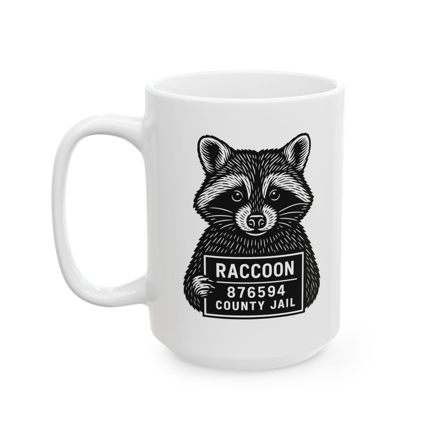 Raccoon Mugshot Ceramic Mug — Cute Hand-Drawn Raccoon Coffee Cup (11oz & 15oz)