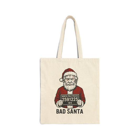 Bad Santa Mugshot Cotton Canvas Tote Bag – North Pole Police Holiday Protest Shopper