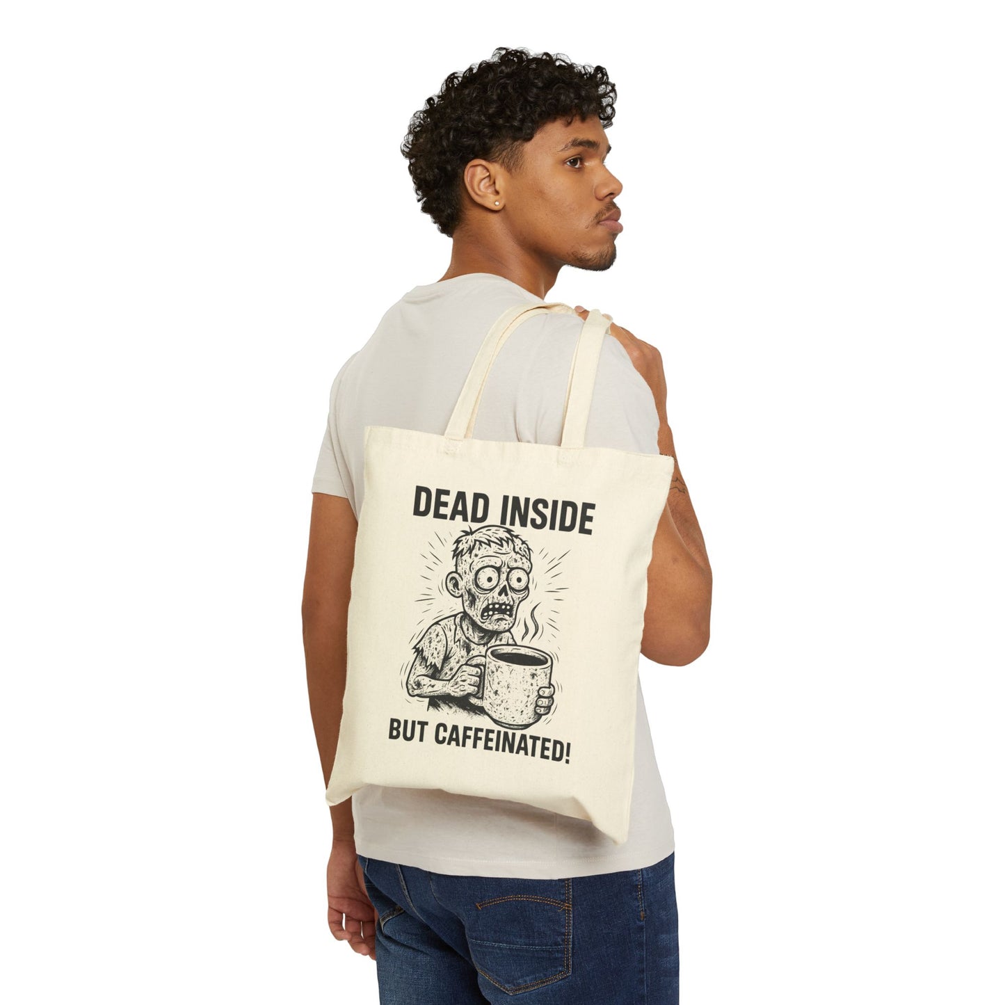 Dead Inside But Caffeinated Tote Bag | Funny Zombie Coffee Illustration