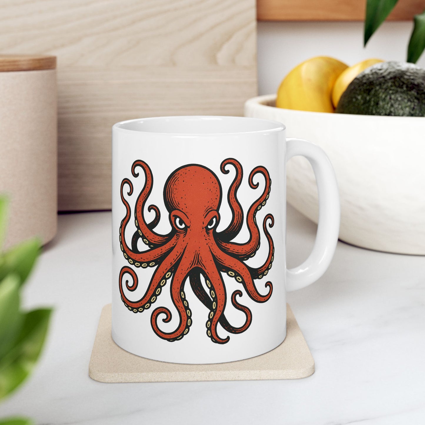 Octopus Ceramic Mug - Nautical Red Octopus Coffee Cup (11oz/15oz)