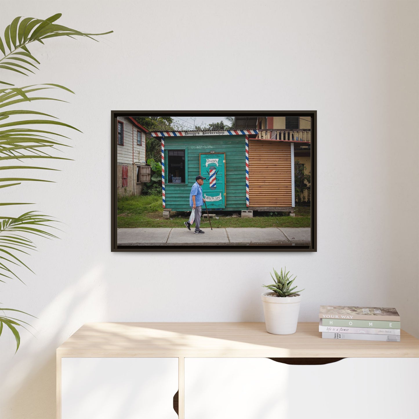 San Ignacio Street Scene Matte Canvas Print — Framed Belize Barber Shop Artwork