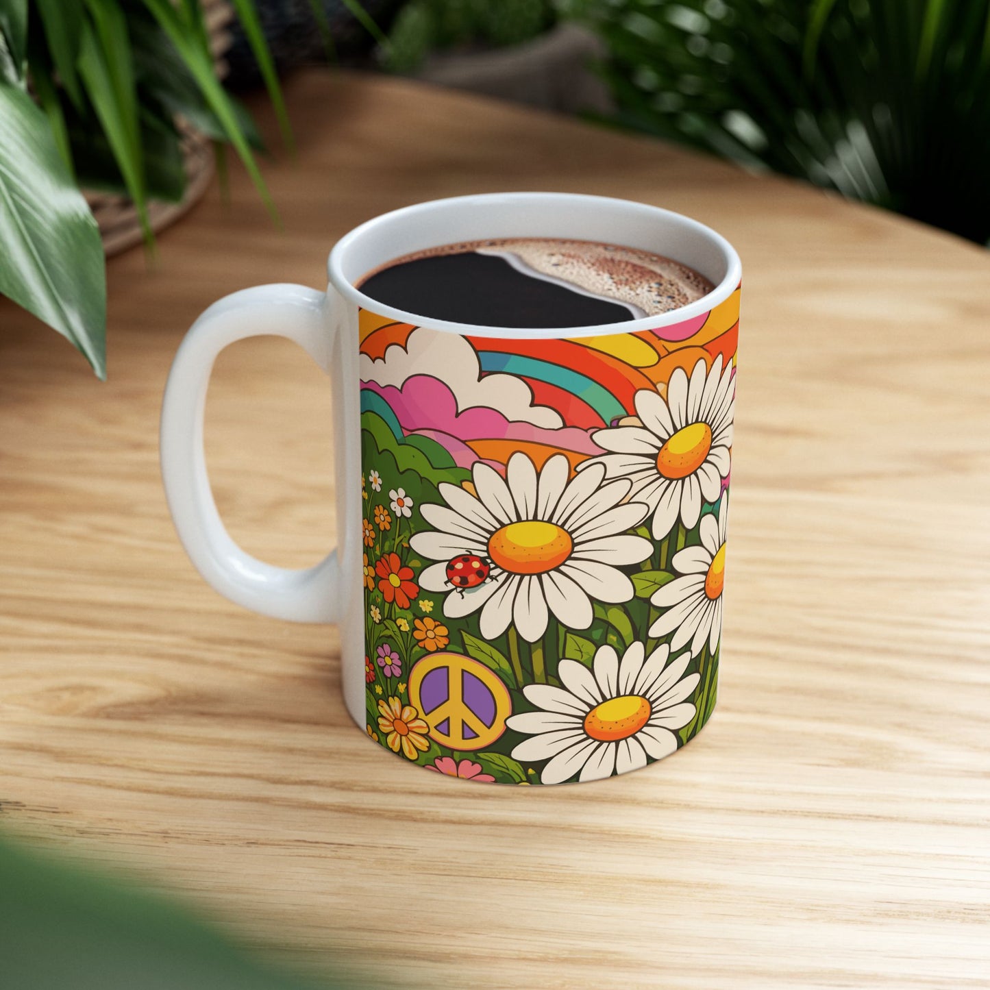 Retro Daisy Sunrise Ceramic Mug — 11oz & 15oz Groovy Floral Coffee Cup