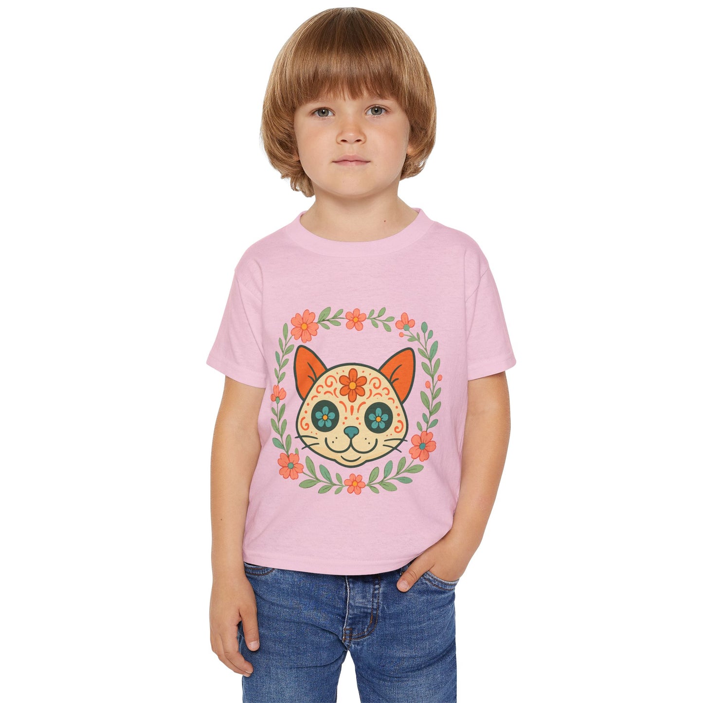 Sugar Skull Cat Toddler T-Shirt — Floral Day of the Dead Kids Tee
