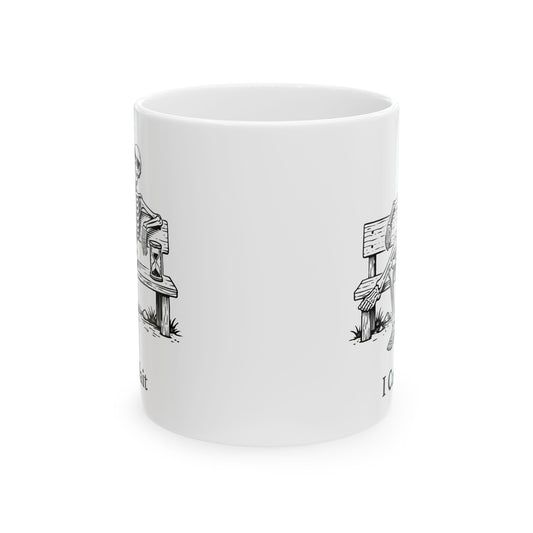 Vintage Farmer’s Bench Ceramic Mug — “I Only Work Here” Rustic Coffee Cup