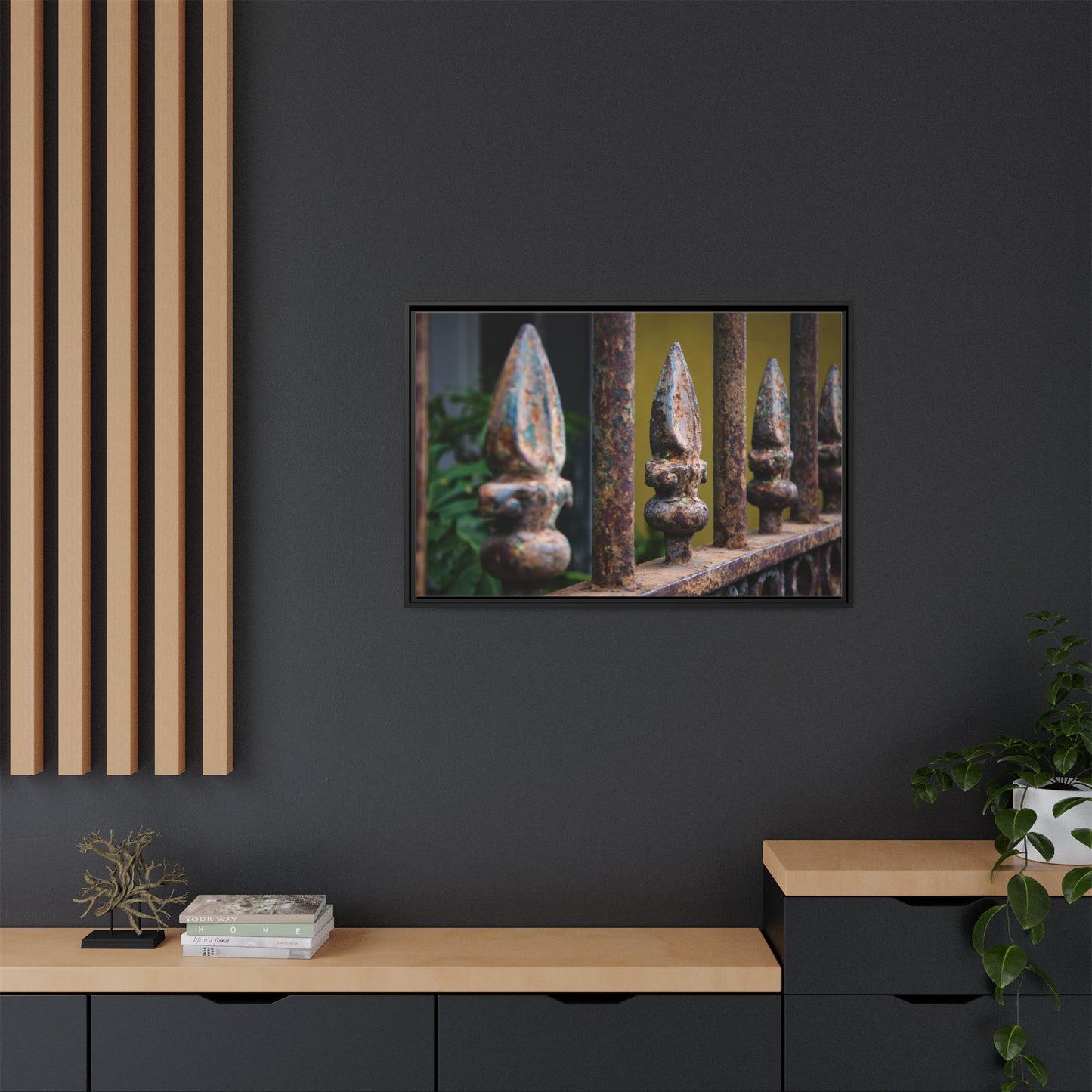 New Orleans Wrought Iron Matte Canvas Framed Wall Art — Rusted Iron Finials