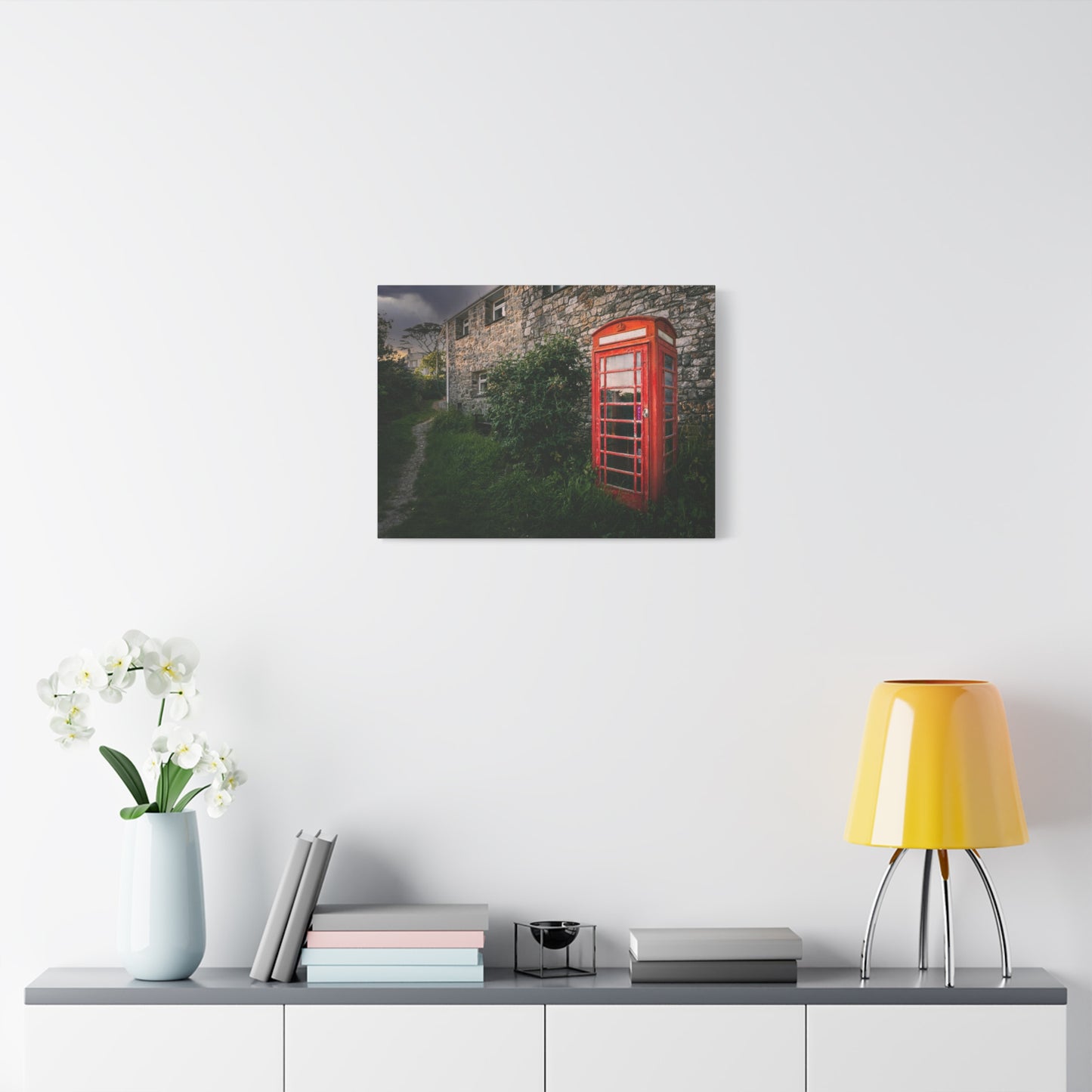 Vintage Red Phone Booth Canvas Wall Art – Rustic Countryside Photography Print