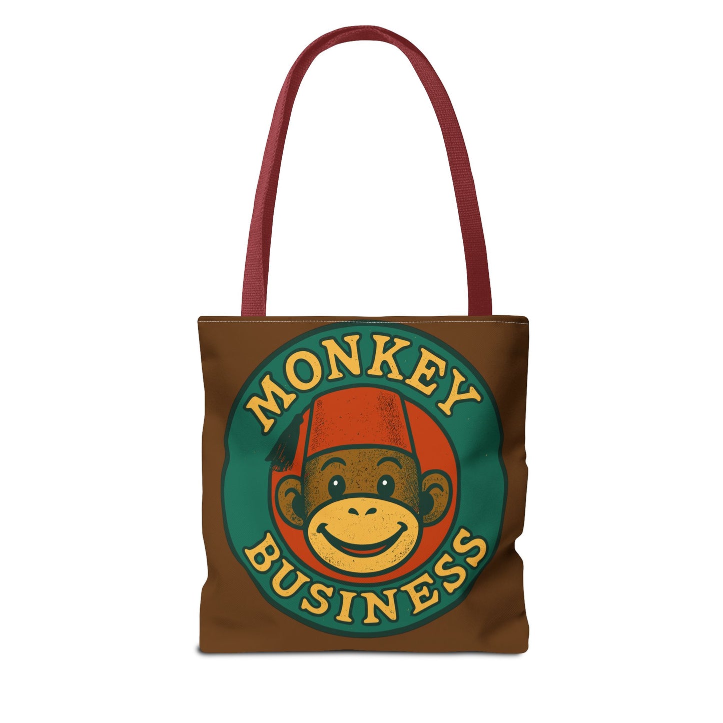 Monkey Business Tote Bag | Retro Monkey Logo, Brown All-Over Print