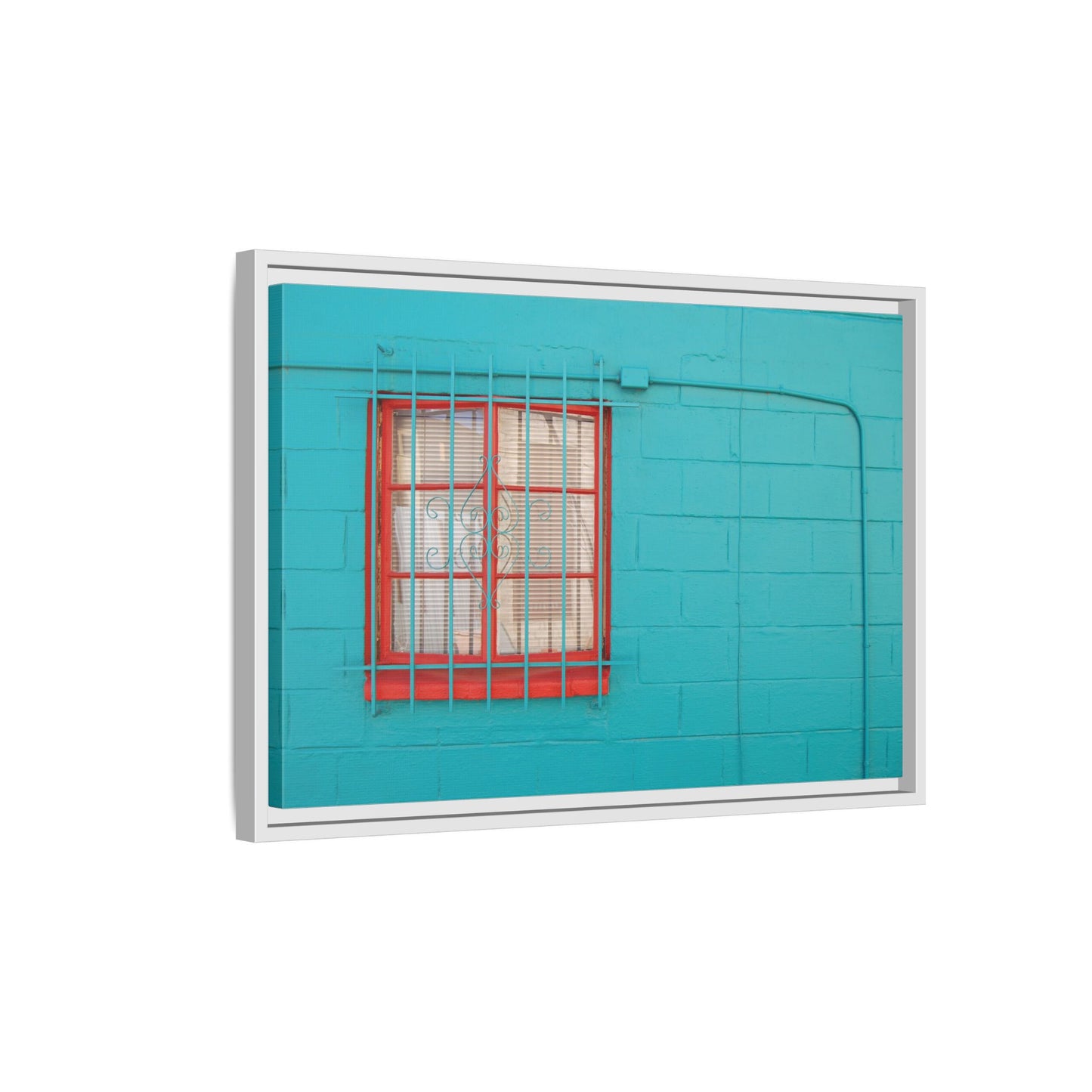 Framed Matte Canvas Print — Turquoise Wall with Red Window