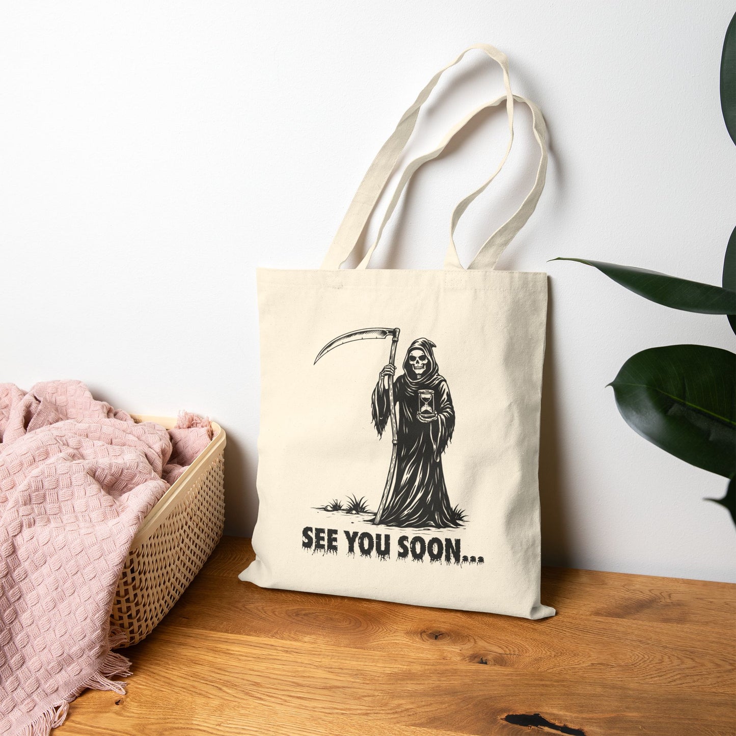 Grim Reaper 'See You Soon' Canvas Tote - Skeleton Cotton Tote Bag
