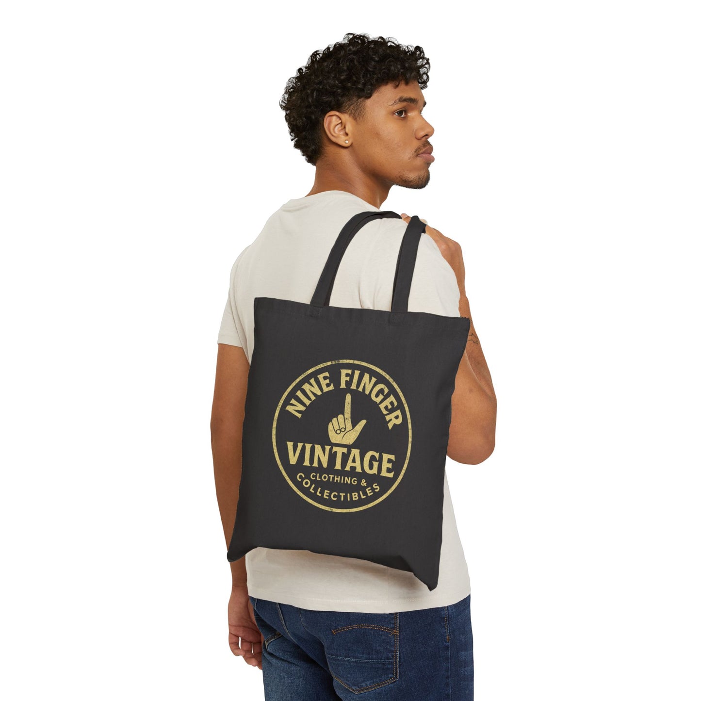 Vintage 'Nine Finger' Logo Tote Bag — Retro Canvas Market Bag