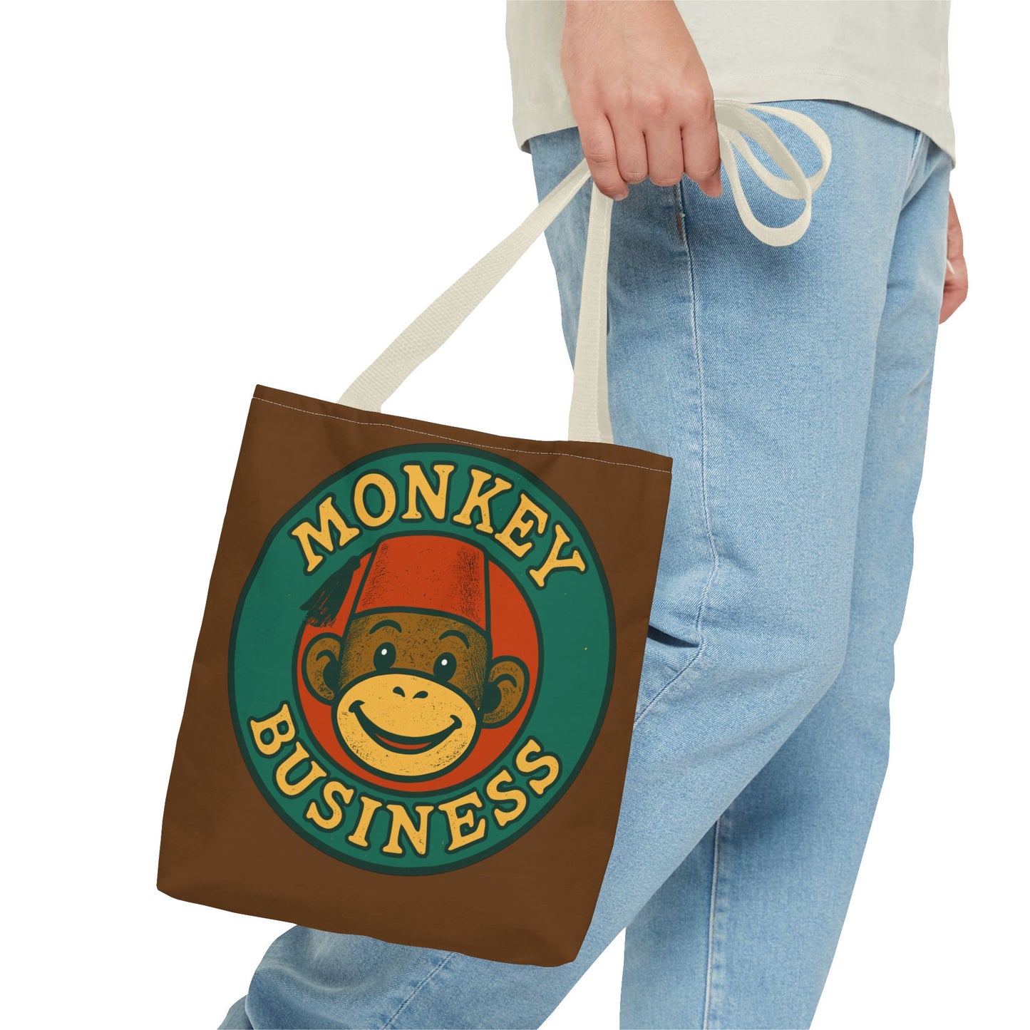 Monkey Business Tote Bag | Retro Monkey Logo, Brown All-Over Print
