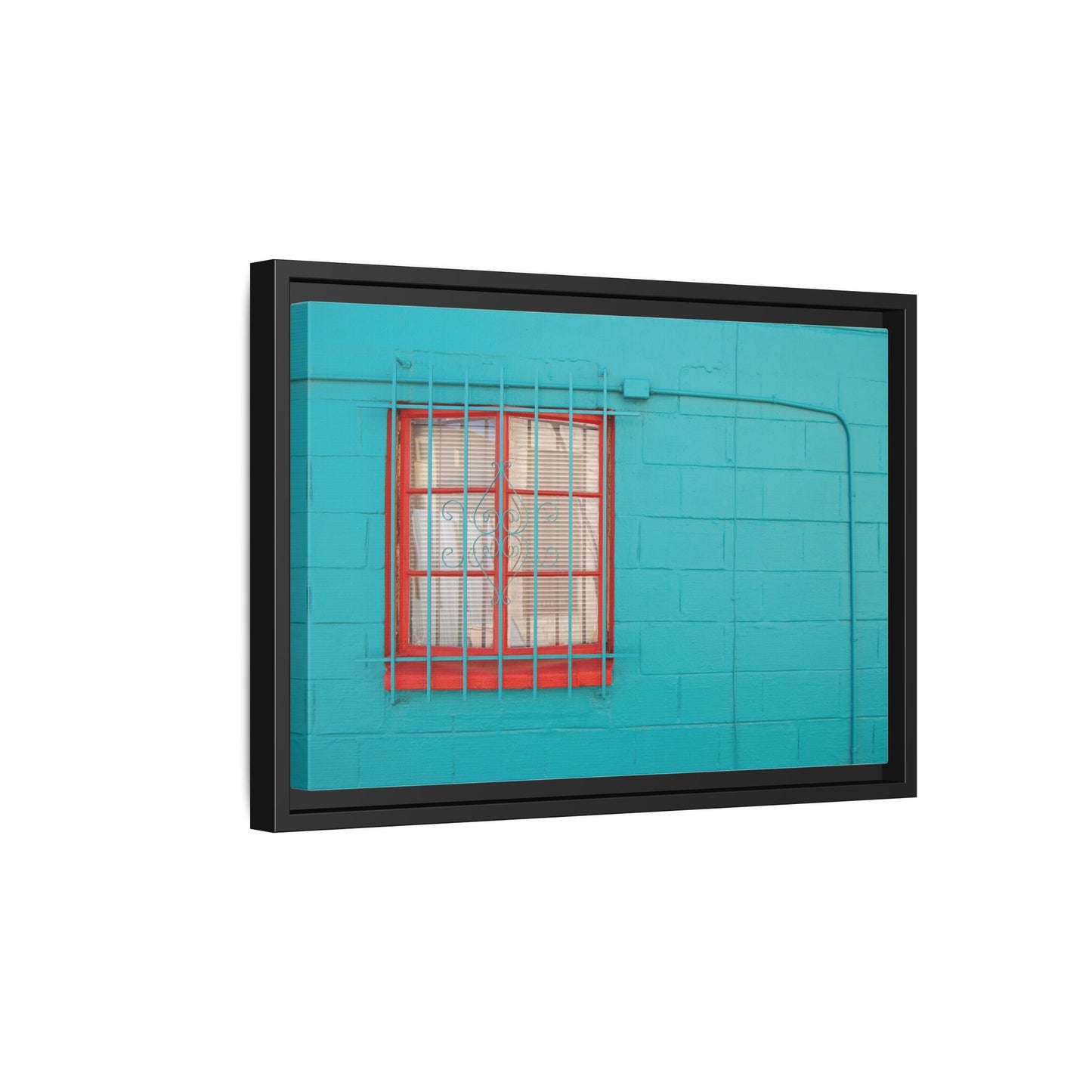 Framed Matte Canvas Print — Turquoise Wall with Red Window