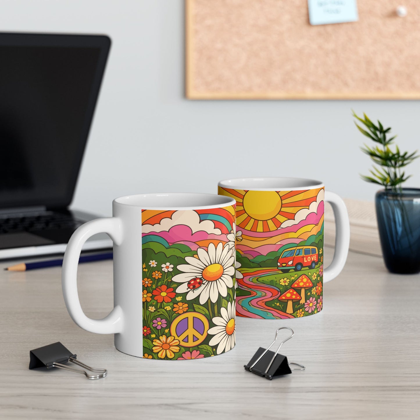 Retro Daisy Sunrise Ceramic Mug — 11oz & 15oz Groovy Floral Coffee Cup