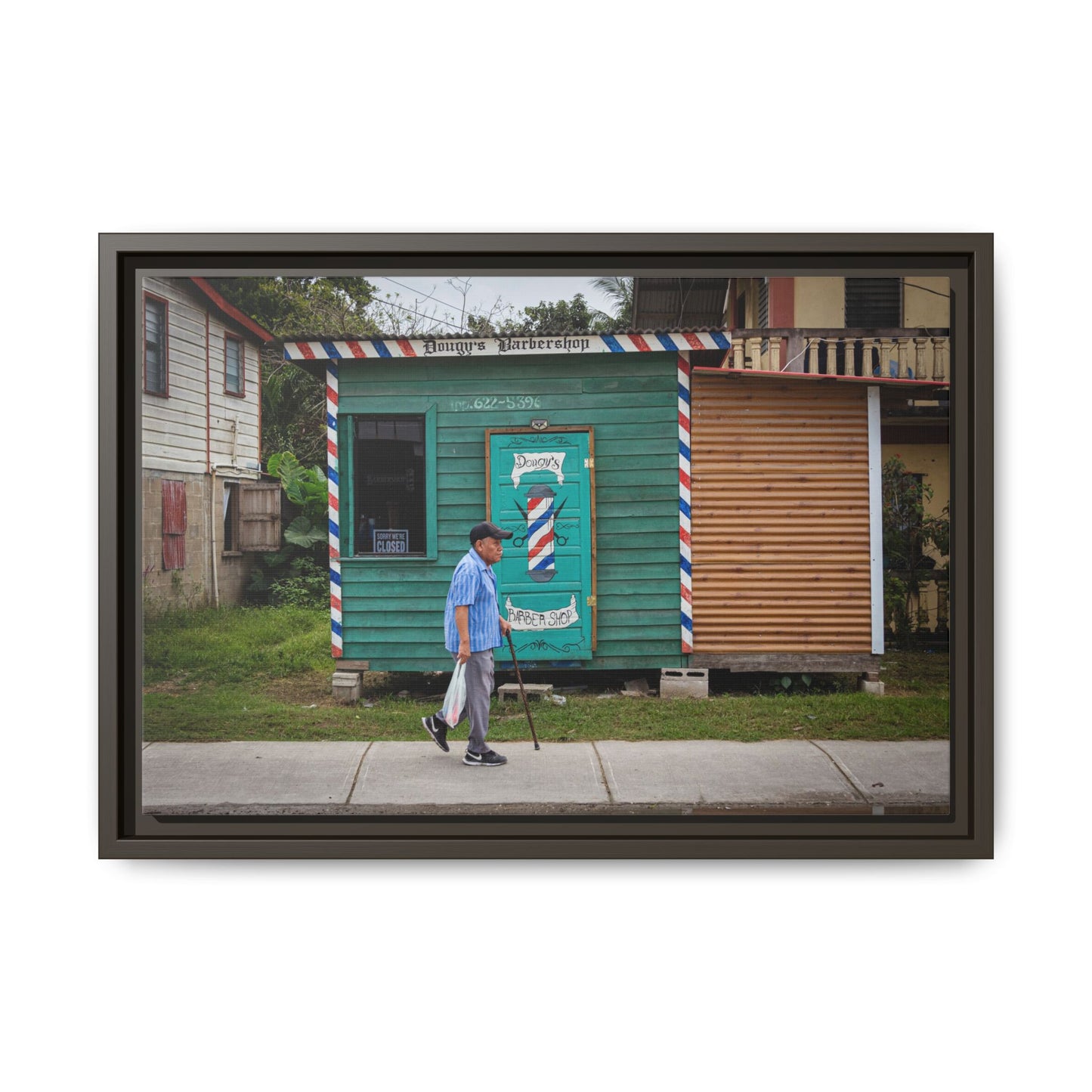 San Ignacio Street Scene Matte Canvas Print — Framed Belize Barber Shop Artwork