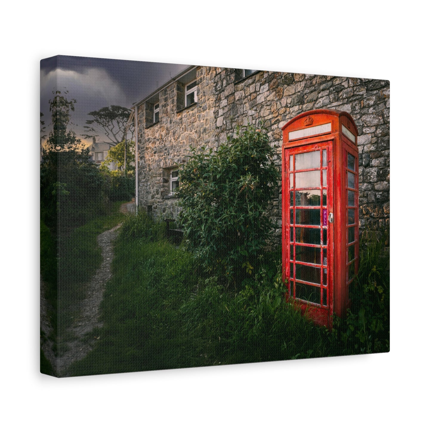 Vintage Red Phone Booth Canvas Wall Art – Rustic Countryside Photography Print