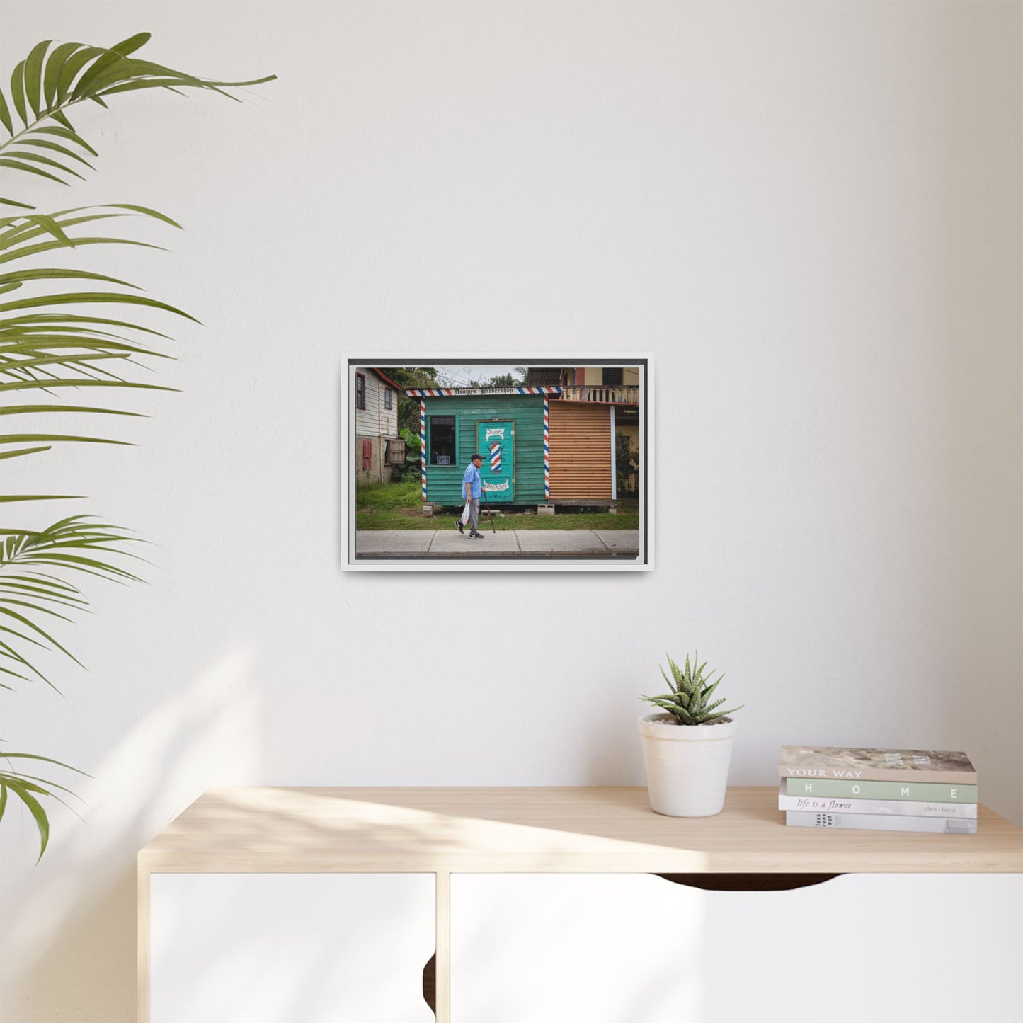San Ignacio Street Scene Matte Canvas Print — Framed Belize Barber Shop Artwork