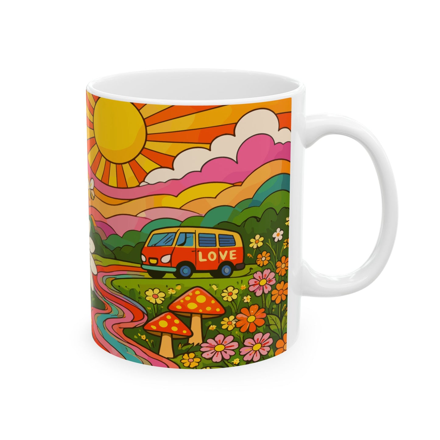 Retro Daisy Sunrise Ceramic Mug — 11oz & 15oz Groovy Floral Coffee Cup