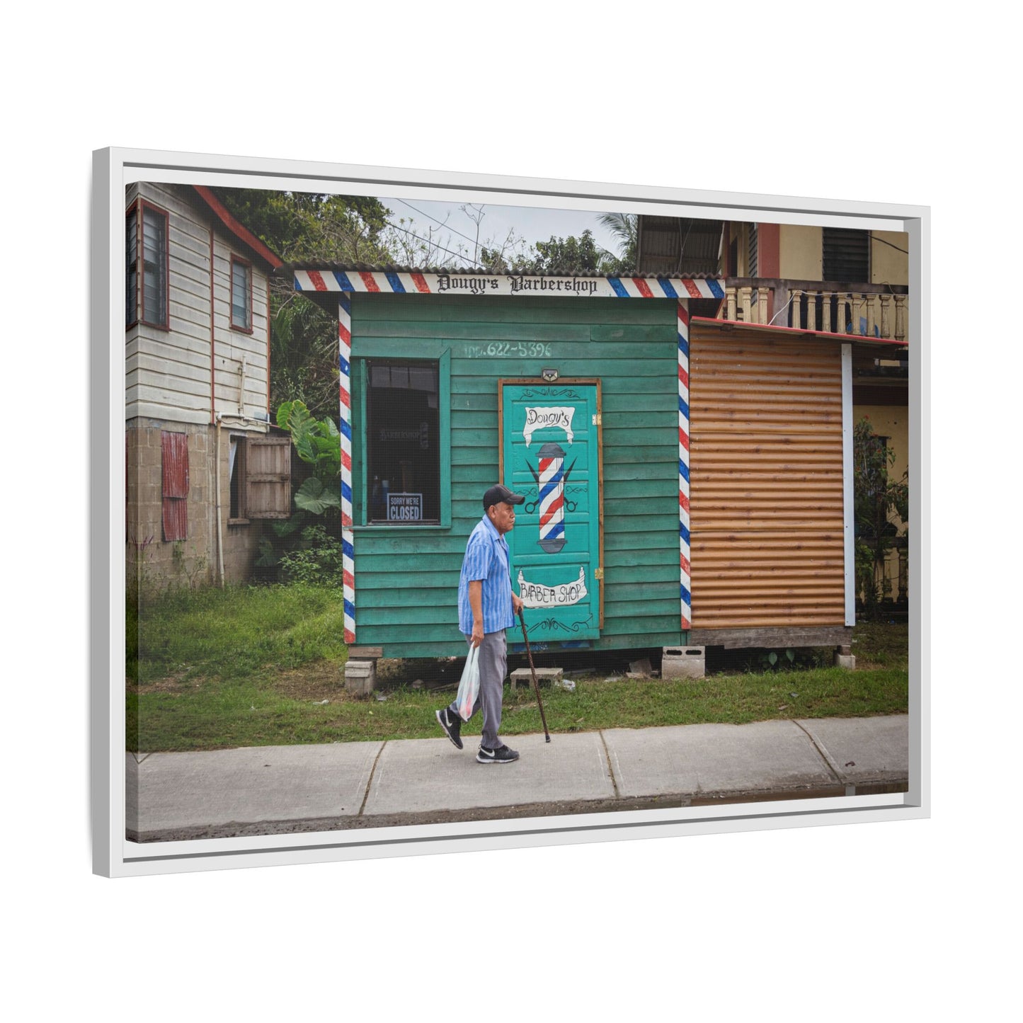 San Ignacio Street Scene Matte Canvas Print — Framed Belize Barber Shop Artwork