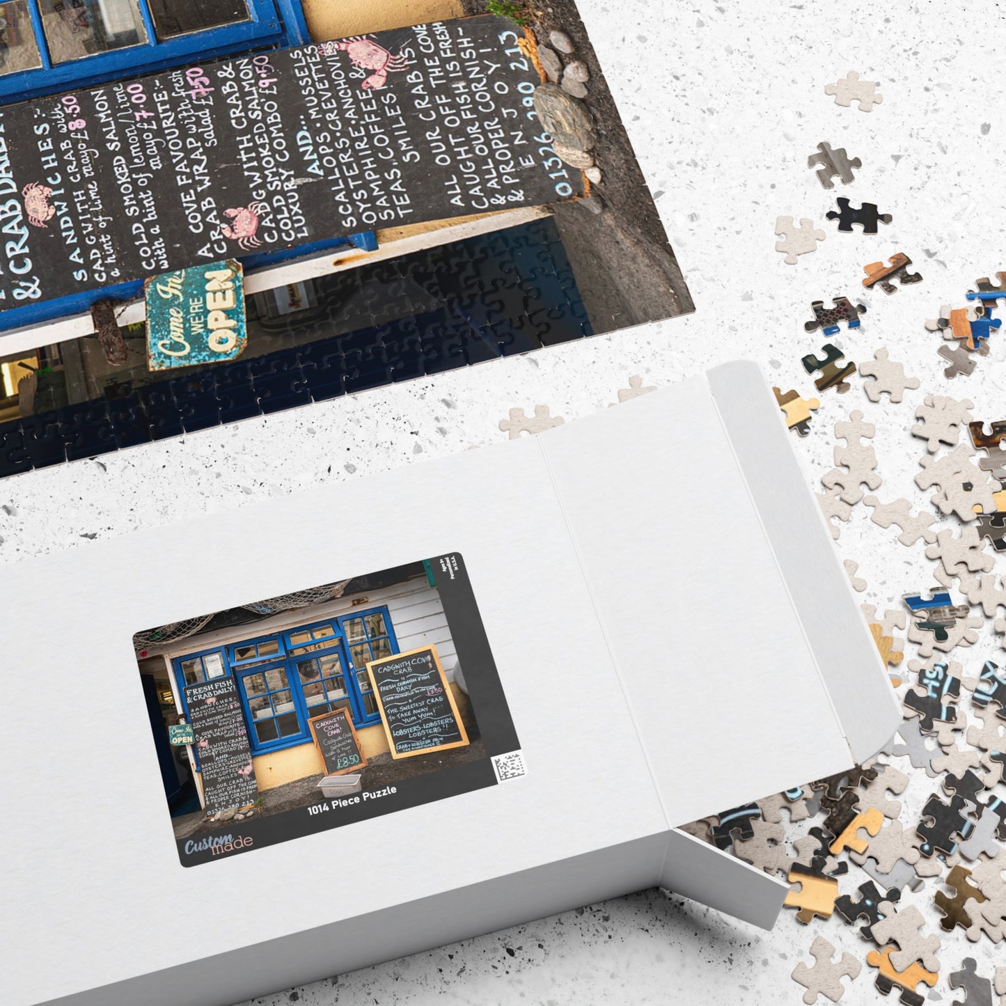 Cadgwith Cornwall UK Fish Shop Jigsaw Puzzle - Coastal Chalkboard Menu Scene (110–1014 pcs)