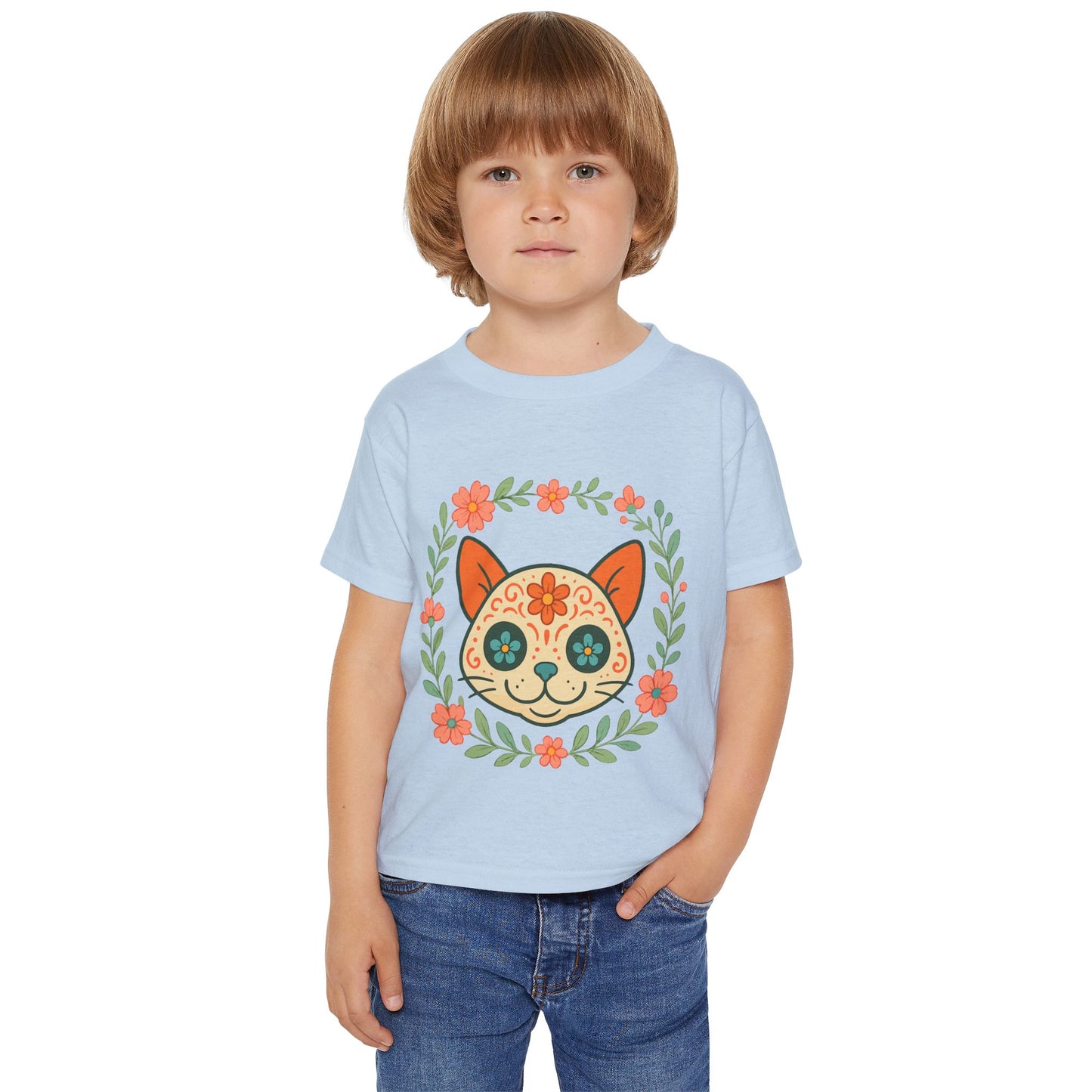 Sugar Skull Cat Toddler T-Shirt — Floral Day of the Dead Kids Tee