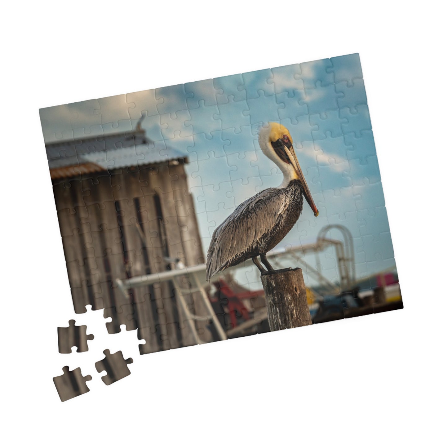 Caye Caulker Pelican Jigsaw Puzzle — Brown Pelican on Jetty Post (110–1014 pcs)