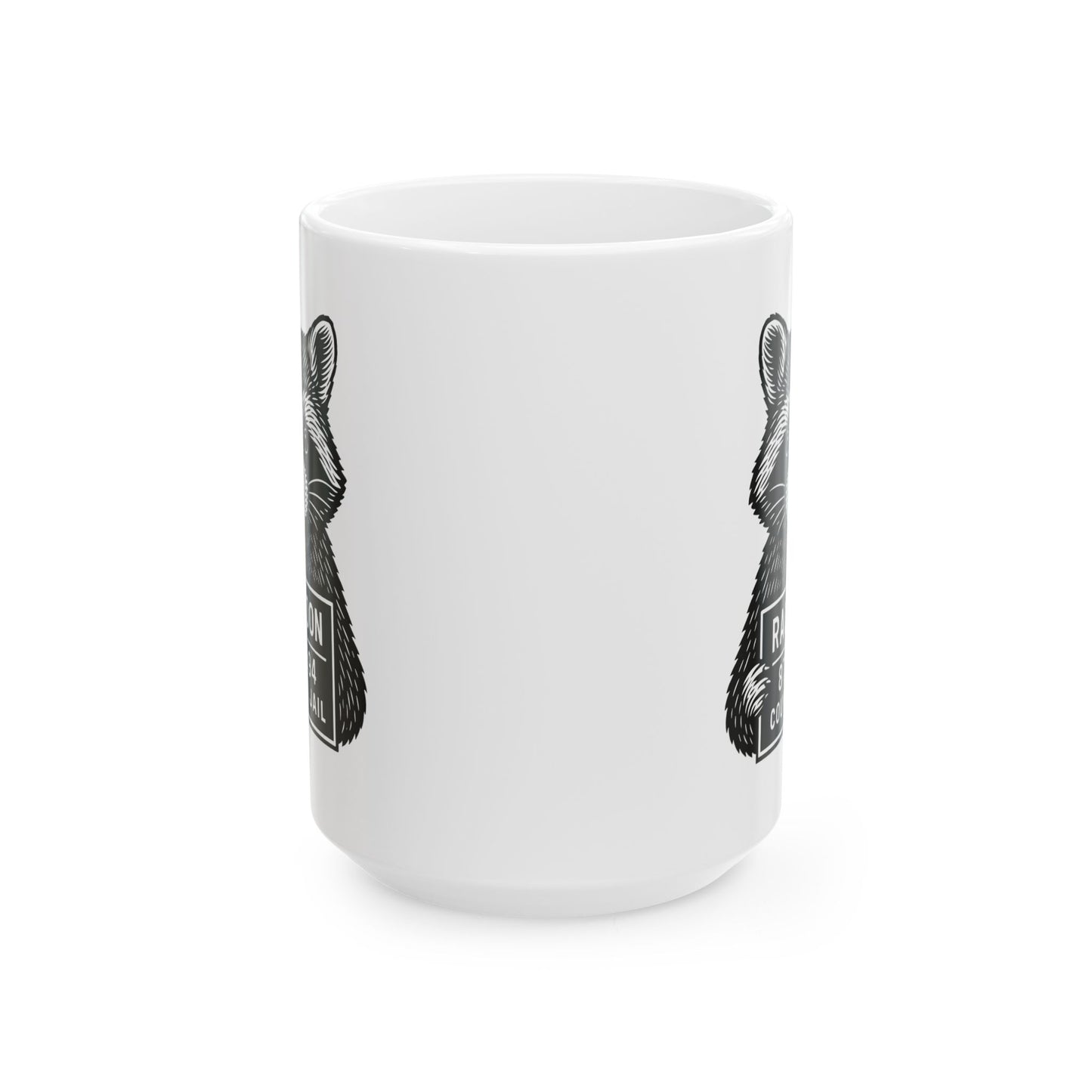 Raccoon Mugshot Ceramic Mug — Cute Hand-Drawn Raccoon Coffee Cup (11oz & 15oz)