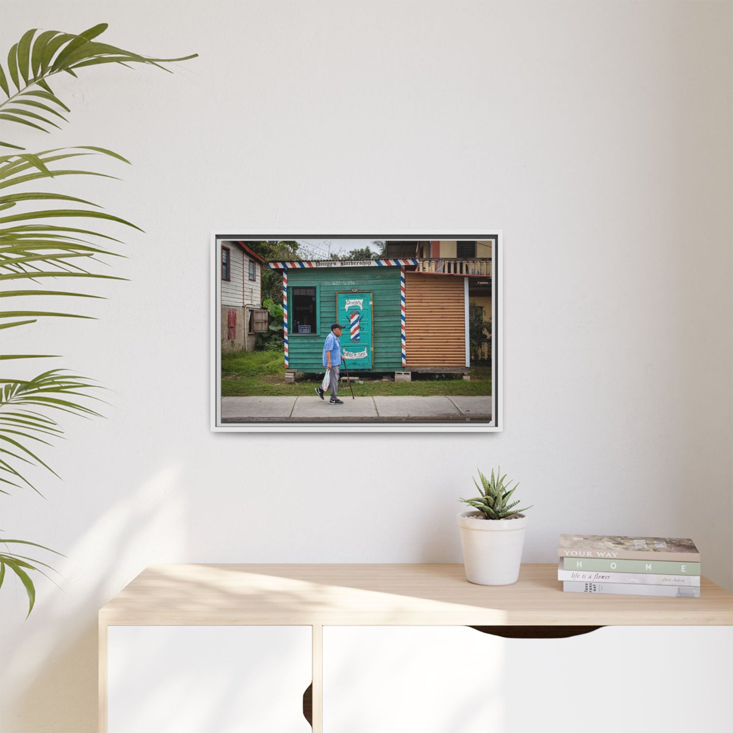 San Ignacio Street Scene Matte Canvas Print — Framed Belize Barber Shop Artwork