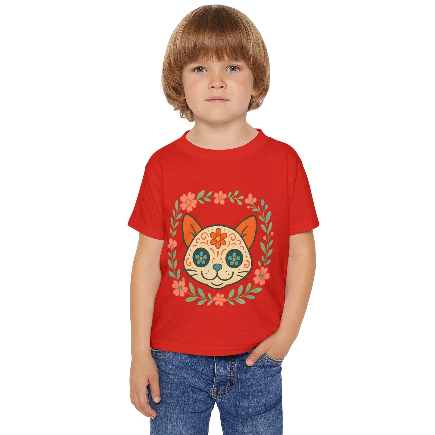 Sugar Skull Cat Toddler T-Shirt — Floral Day of the Dead Kids Tee