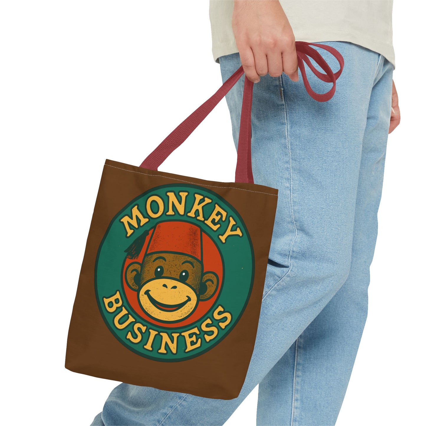Monkey Business Tote Bag | Retro Monkey Logo, Brown All-Over Print