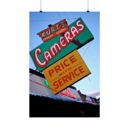 Vintage Camera Neon Sign Matte Poster | Retro Storefront Photography Print