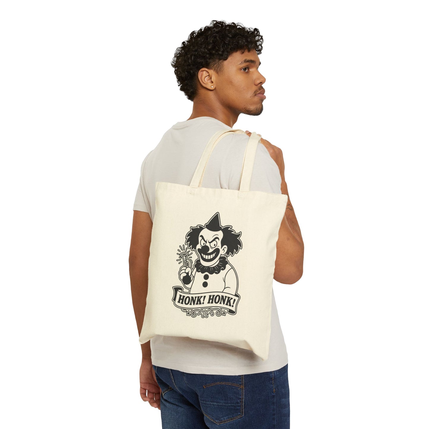 Creepy Clown Retro Canvas Tote Bag — "Honk! Honk!" Graphic Cotton Tote