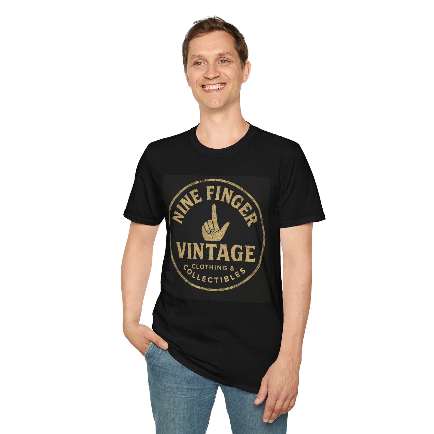 'Nine Finger Vintage' Graphic T-Shirt Retro Hand Logo Tee, BLACK ONLY