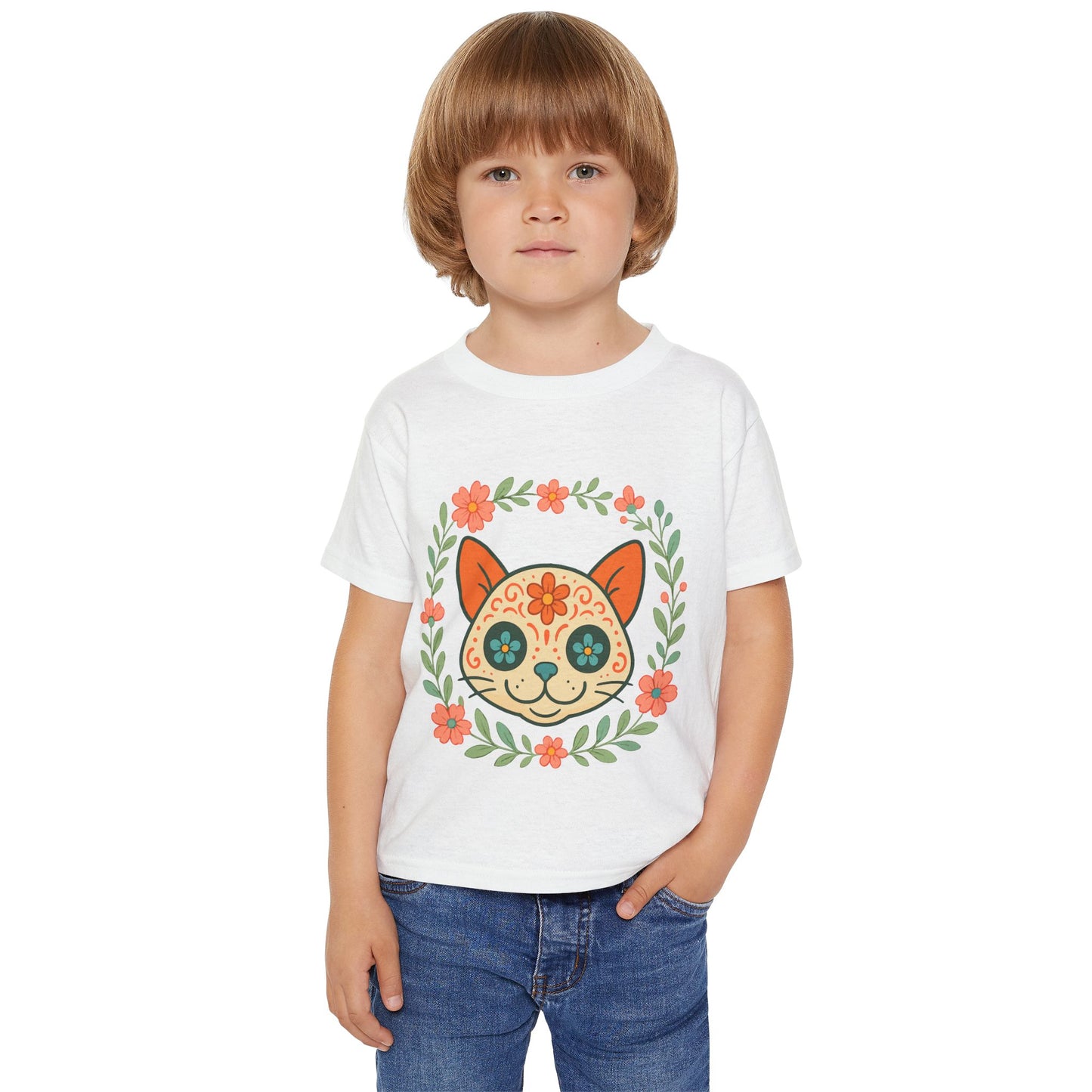 Sugar Skull Cat Toddler T-Shirt — Floral Day of the Dead Kids Tee