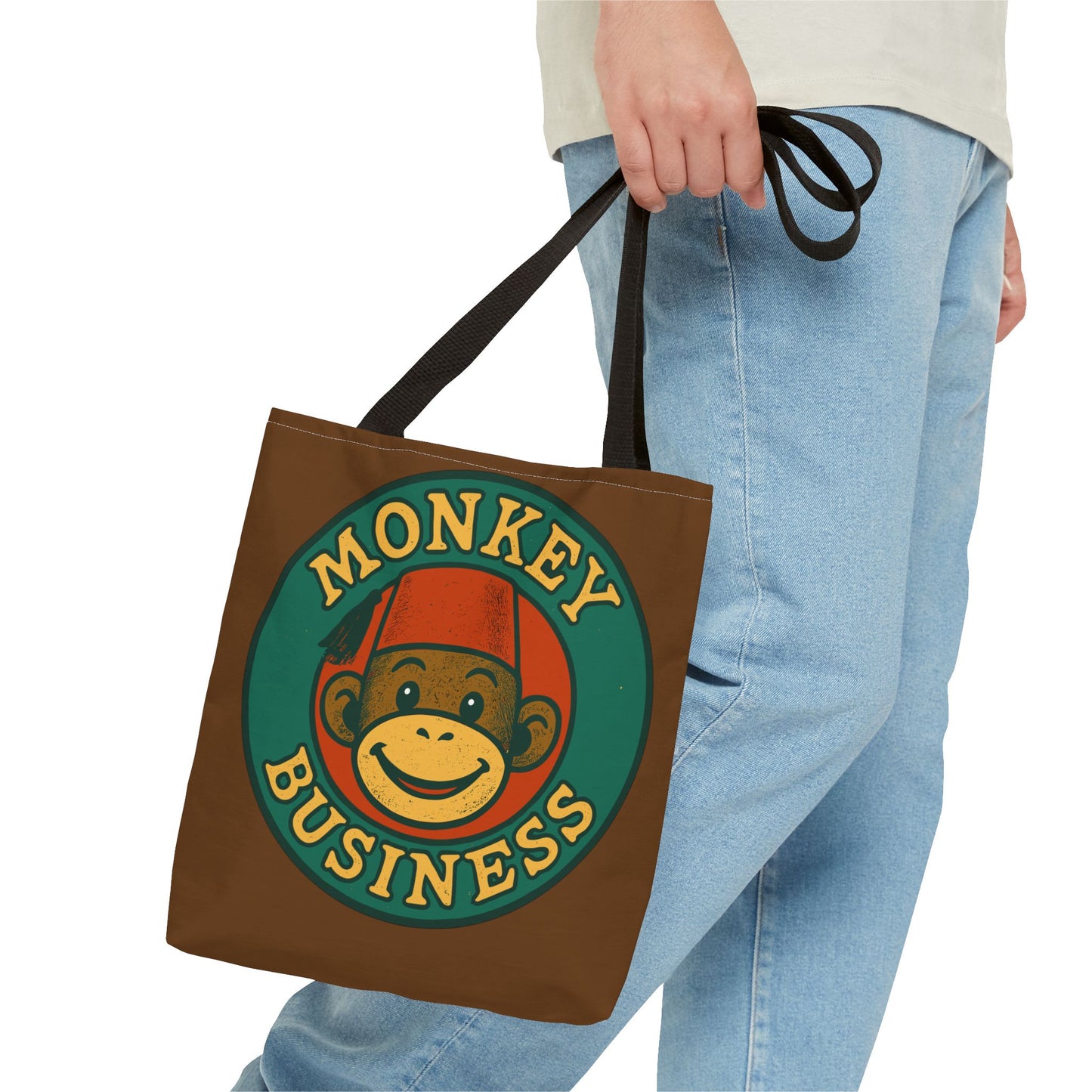 Monkey Business Tote Bag | Retro Monkey Logo, Brown All-Over Print