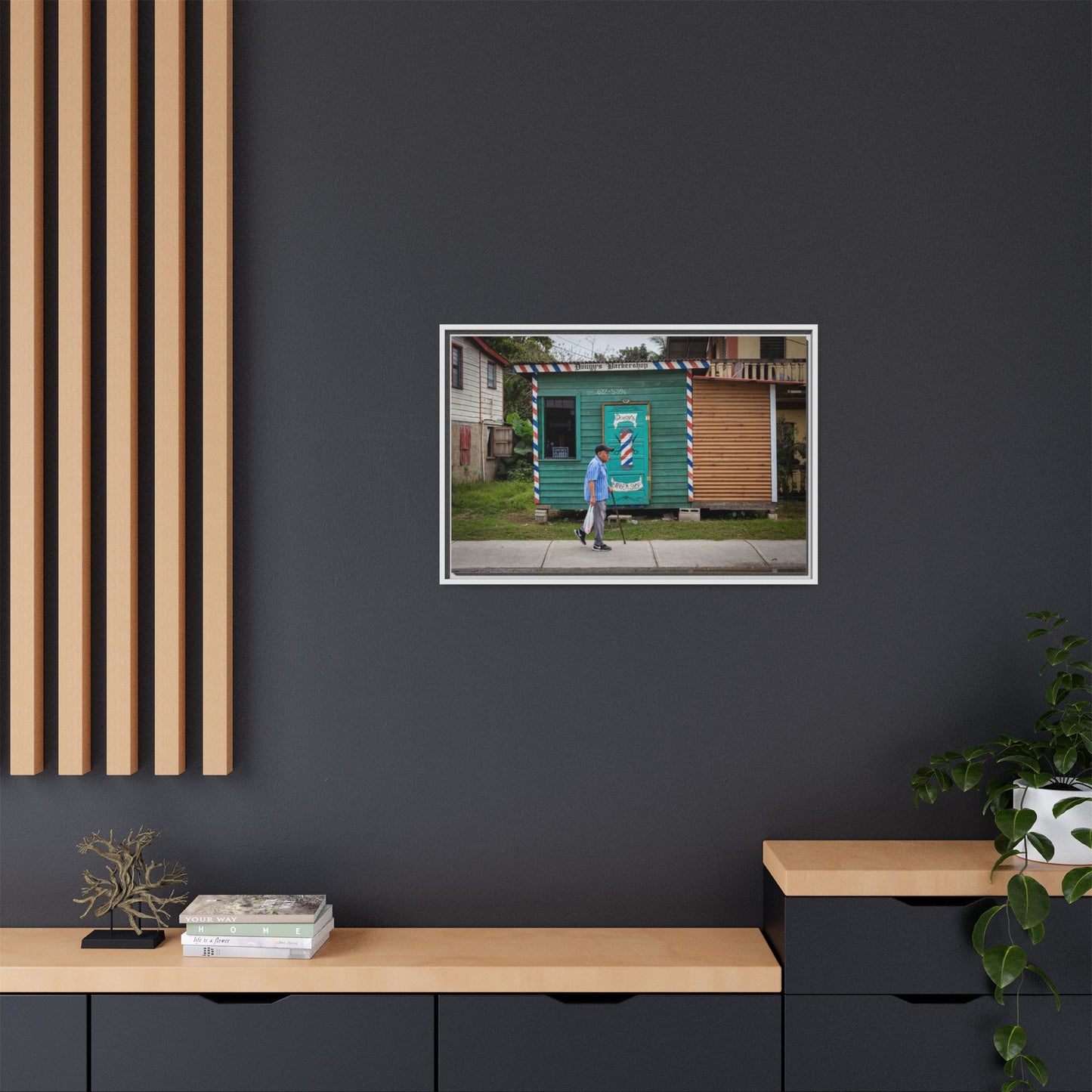 San Ignacio Street Scene Matte Canvas Print — Framed Belize Barber Shop Artwork