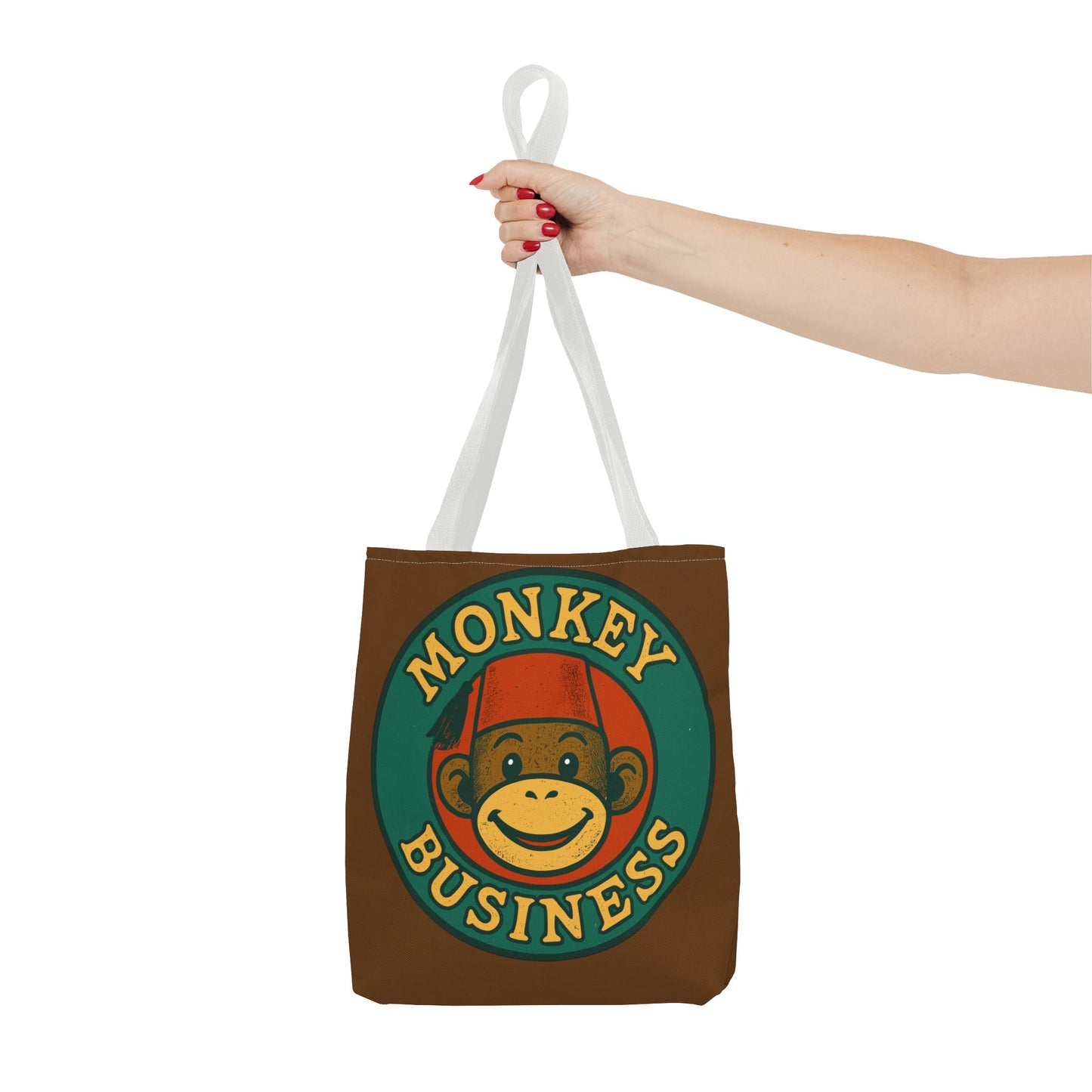 Monkey Business Tote Bag | Retro Monkey Logo, Brown All-Over Print