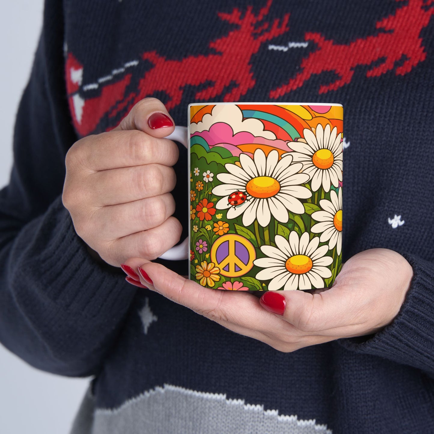 Retro Daisy Sunrise Ceramic Mug — 11oz & 15oz Groovy Floral Coffee Cup