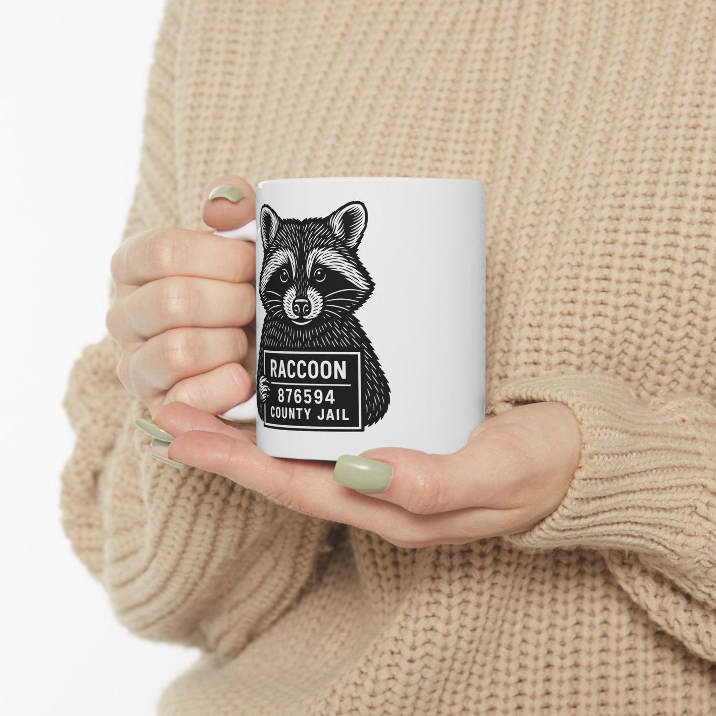 Raccoon Mugshot Ceramic Mug — Cute Hand-Drawn Raccoon Coffee Cup (11oz & 15oz)