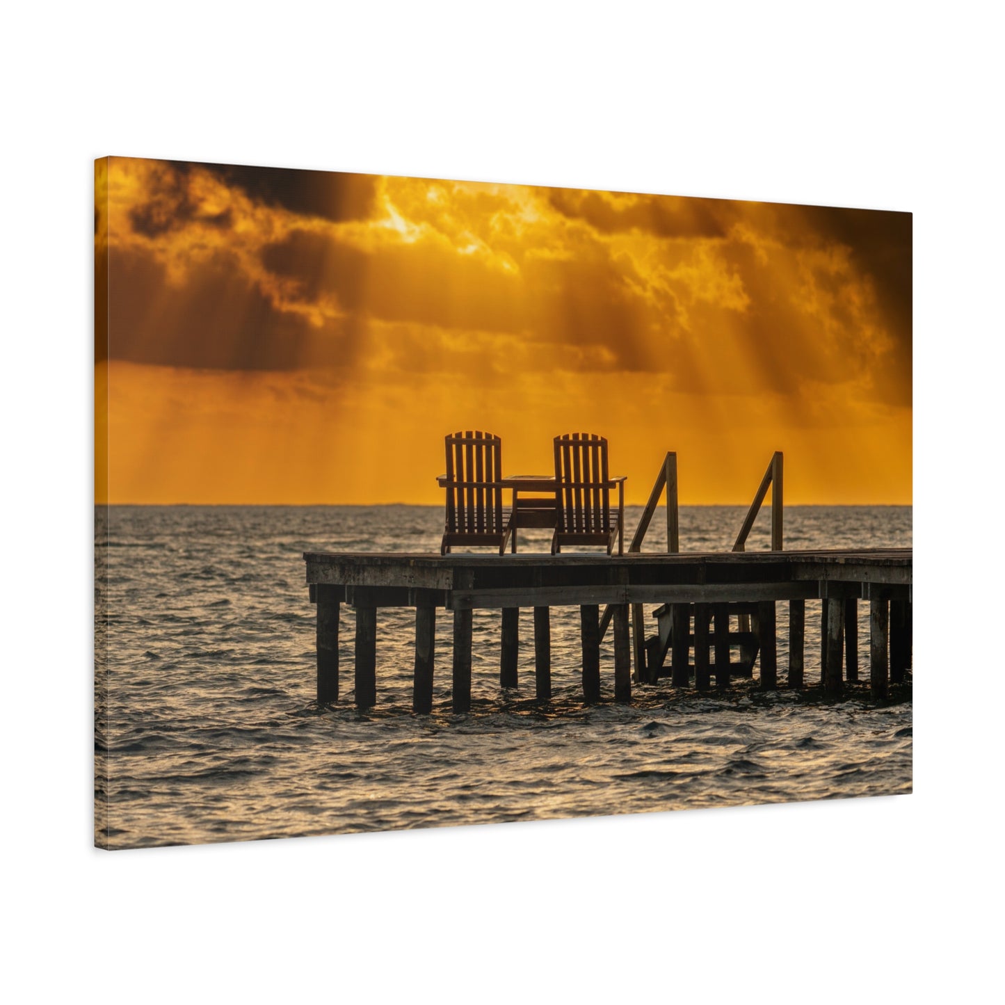 Sunset Dock, Belize Canvas Wall Art — Golden Beach Pier with Chairs