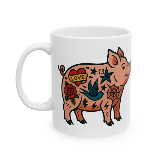 Floral Tattoo Pig Ceramic Mug (11oz, 15oz)