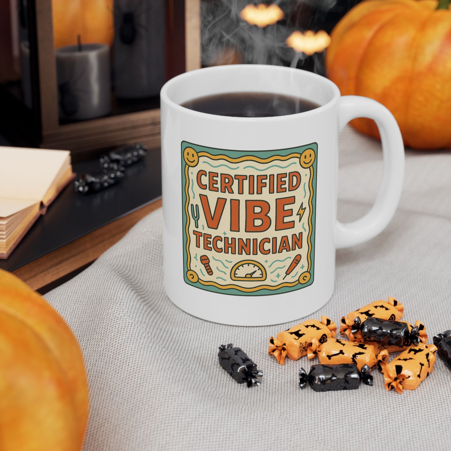 Ceramic Mug — Retro Smiley 'Good Vibes' Coffee Cup (11oz/15oz)