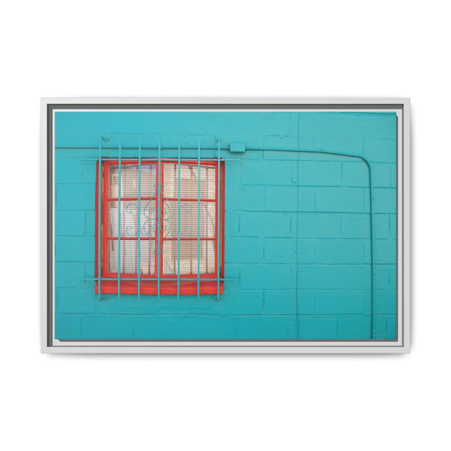 Framed Matte Canvas Print — Turquoise Wall with Red Window