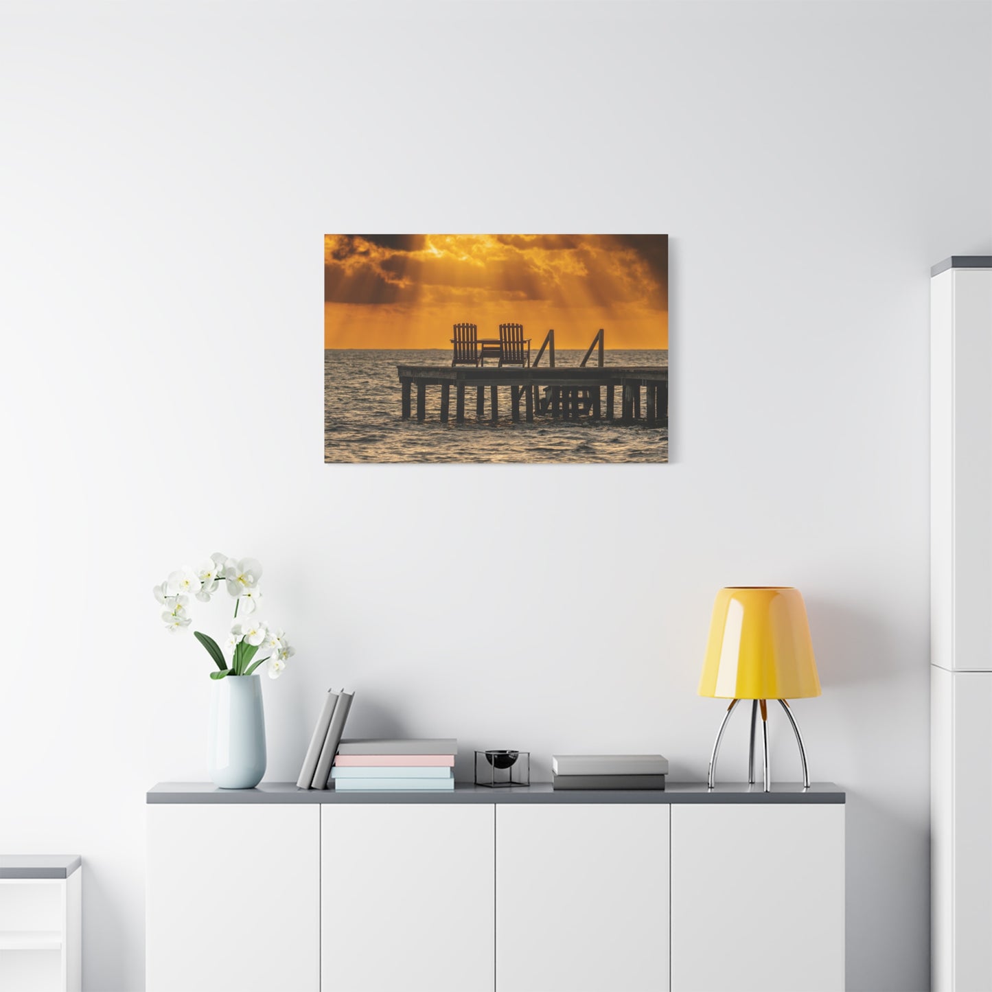 Sunset Dock, Belize Canvas Wall Art — Golden Beach Pier with Chairs