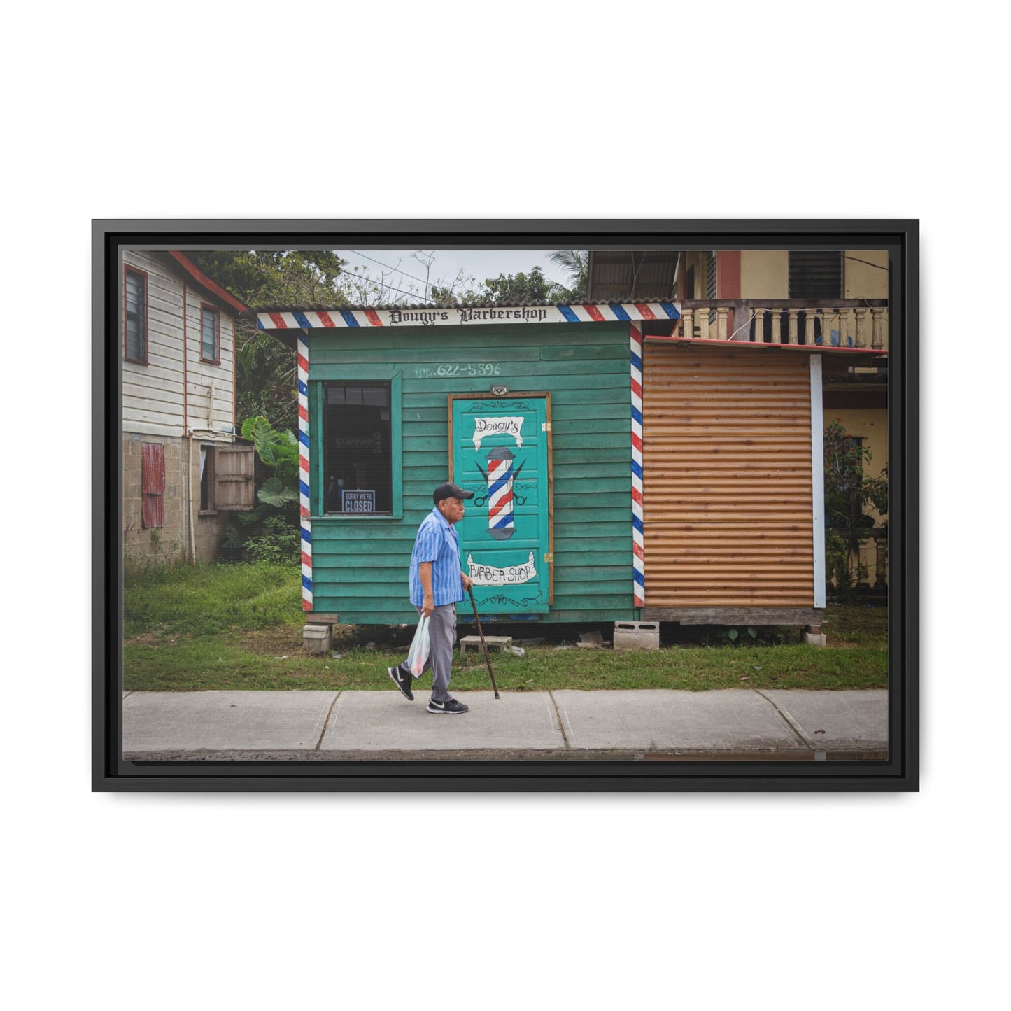 San Ignacio Street Scene Matte Canvas Print — Framed Belize Barber Shop Artwork