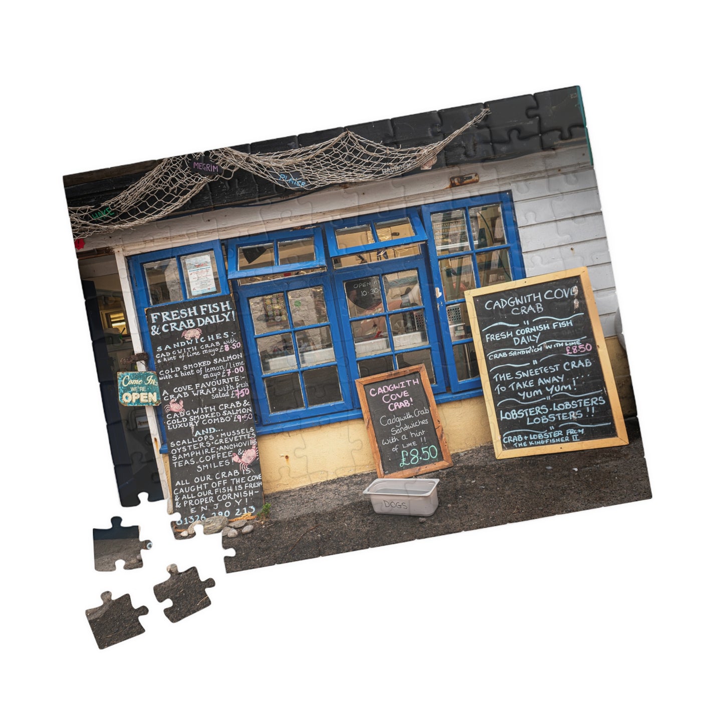 Cadgwith Cornwall UK Fish Shop Jigsaw Puzzle - Coastal Chalkboard Menu Scene (110–1014 pcs)