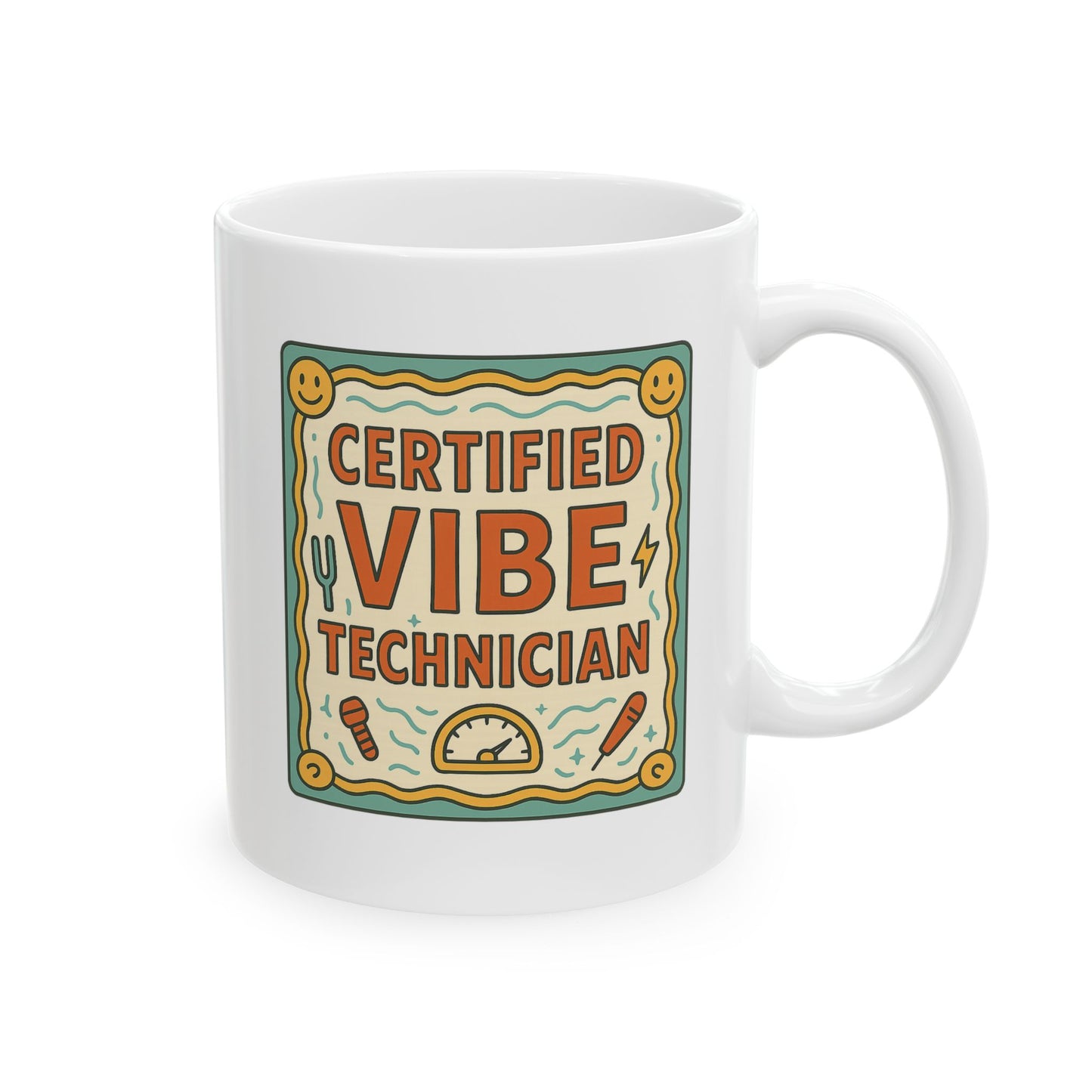 Ceramic Mug — Retro Smiley 'Good Vibes' Coffee Cup (11oz/15oz)