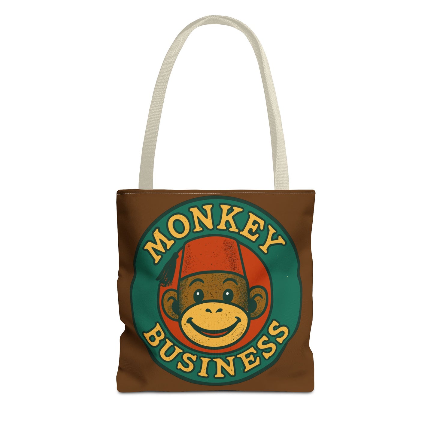 Monkey Business Tote Bag | Retro Monkey Logo, Brown All-Over Print