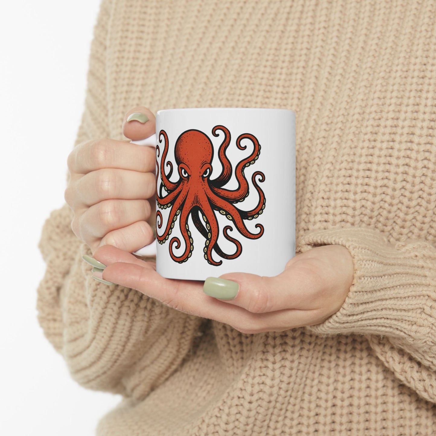 Octopus Ceramic Mug - Nautical Red Octopus Coffee Cup (11oz/15oz)